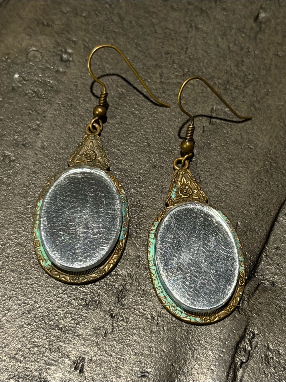 Antique-Style Gold Oval Mirrored Drop Earrings with Natural Vintage Verdigris